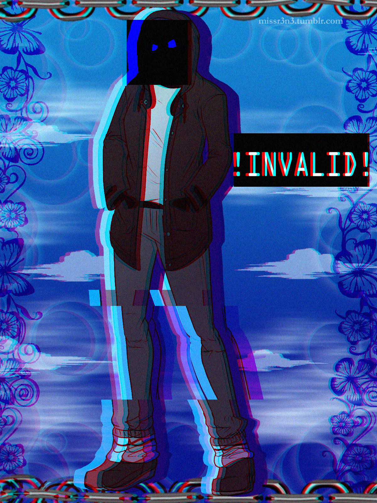 a tall woman with her face censored, though the shape of her eyes are visible through the black square. the background is blue and sky-themed, with a y2k art style. her name is also censored. text over the censor bar reads 'INVALID'