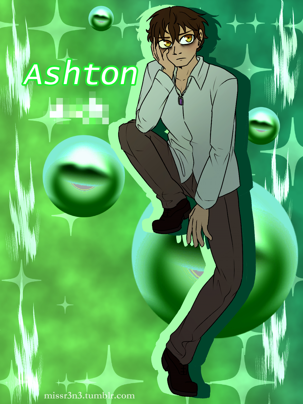a young man dressed casually in front of a green y2k style background. text beside the man reads 'Ashton' and what appears to be his last name is glitched out and unreadable