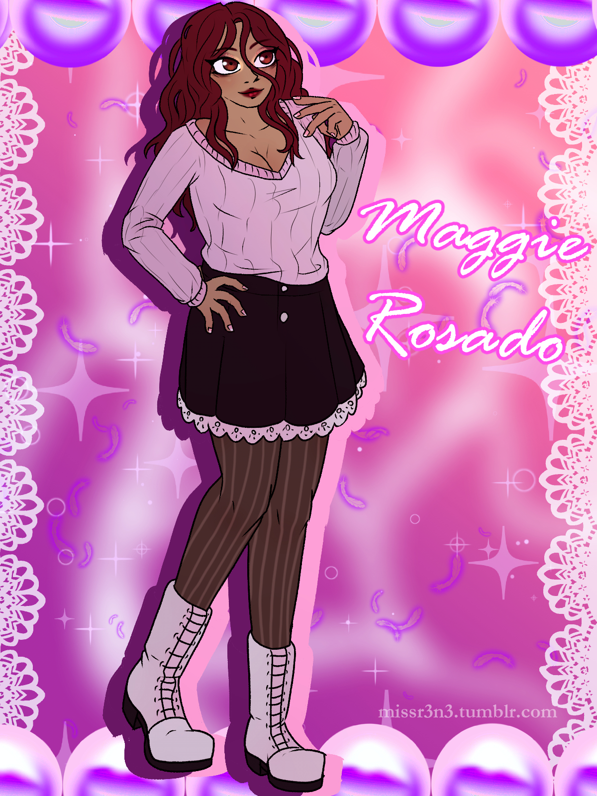 a young woman with a preppy fashion sense in front of a pastel pink, y2k style background. cursive text beside the woman reads 'Maggie Rosado'