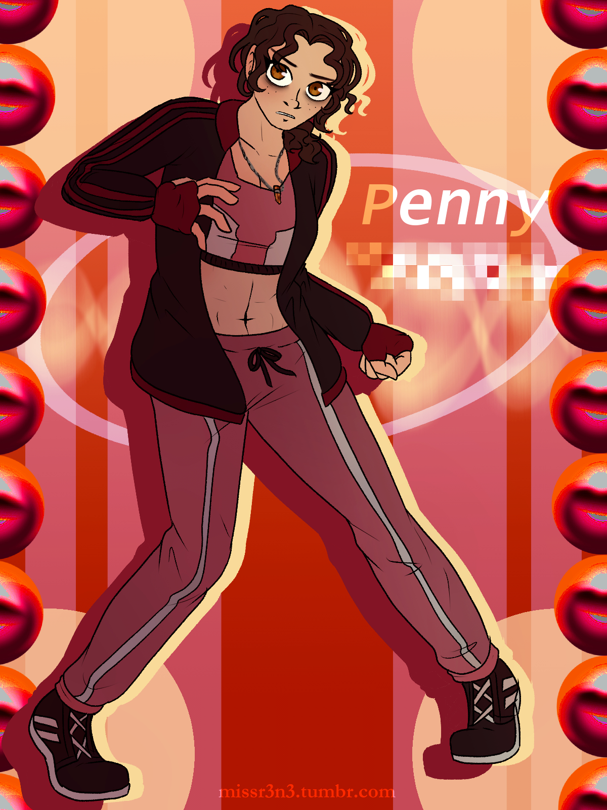 a young athletic woman dressed in a track suit and sports bra in front of a red and orange, y2k style background. test beside her reads 'Penny' and what appears to be her last name is glitched out and unreadable