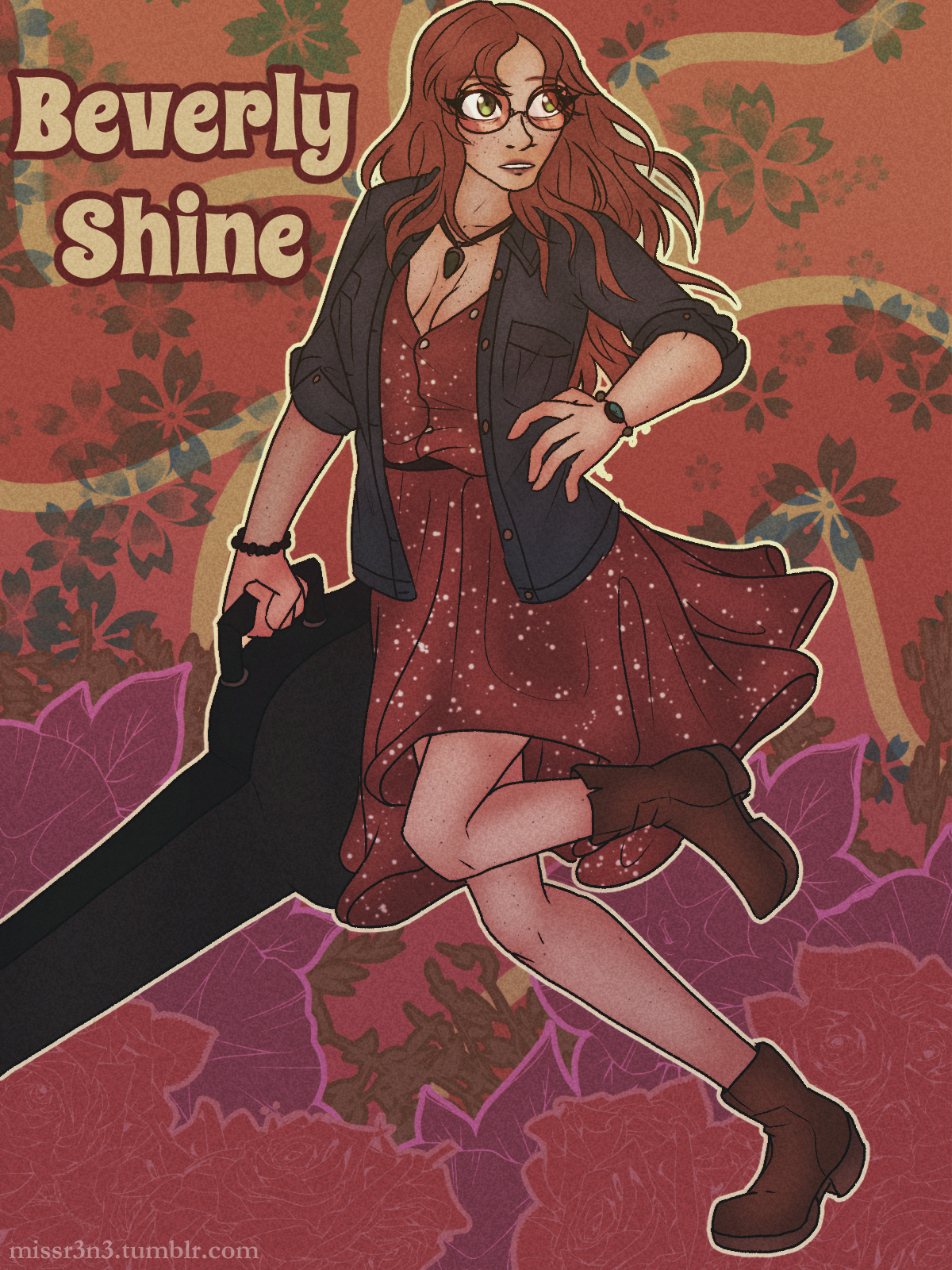 a hippie woman with ginger hair, round glasses, and freckles runs with carrying a guitar case. the background is typical 70s graphic design. text beside the woman reads 'Beverly Shine'