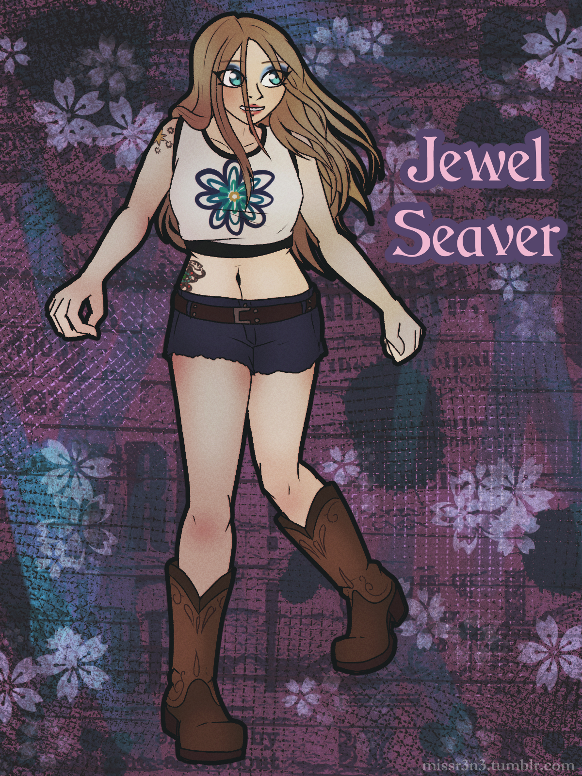 a young woman with long blonde hair, a crop top, and frayed denim shorts in front of a DIY zine-style background. text beside her reads 'Jewel Seaver'