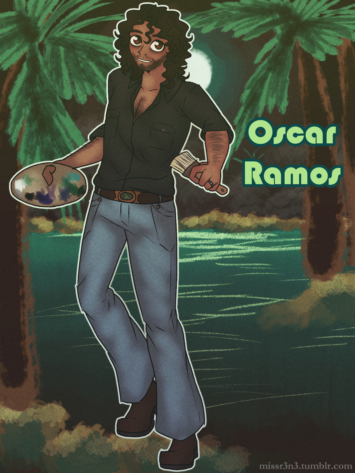 a hippie man with dark curly brown hair, slight beard, and a painting palette in front of a black velvet style beach landscape. text beside the man reads 'Oscar Ramos'