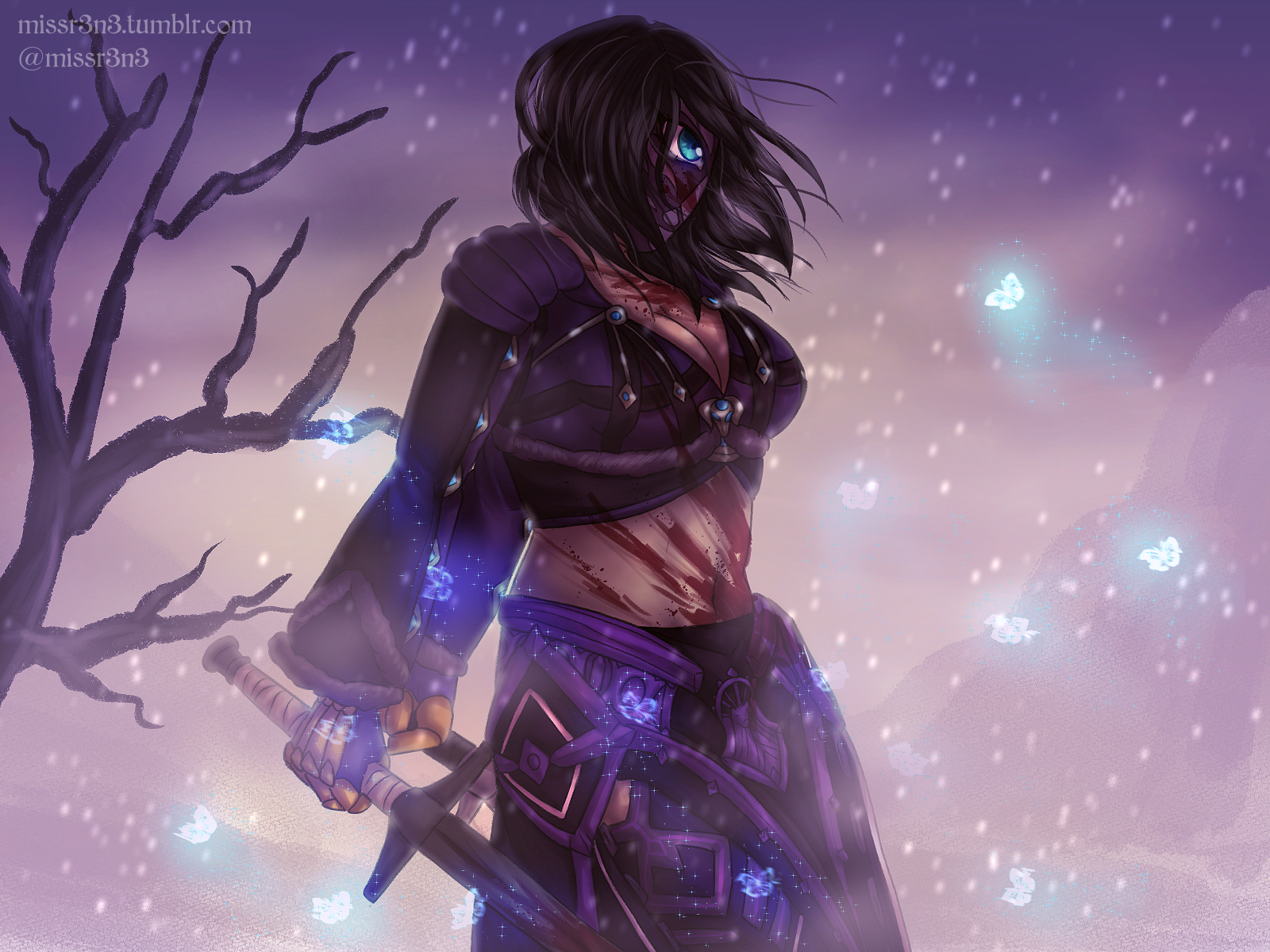 a drawing of my guild wars 2 norn commander OC, laila aulikki, standing on a snowy hill with a dead tree in the background. Her two swords and chest are splattered with blood, and blue mesmer butterflies flutter past her