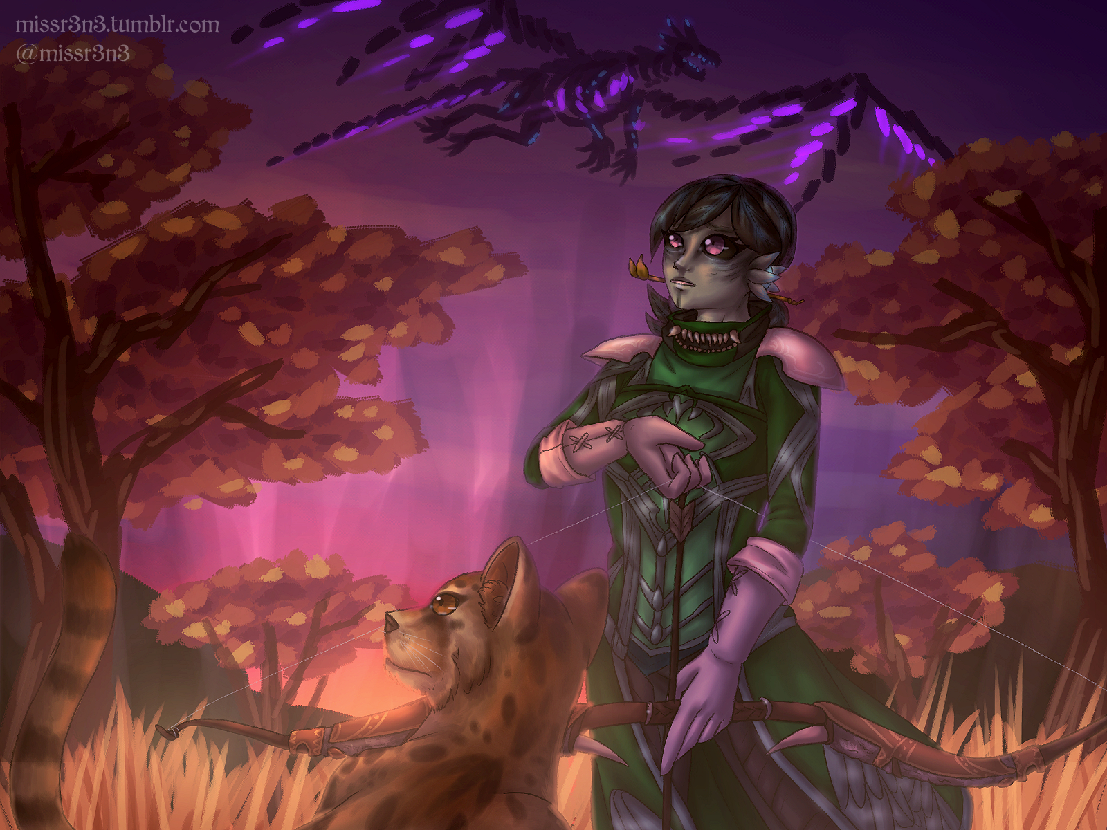  a drawing of my guild wars 2 sylvari commander OC, willow aldern, accompanied by her jungle stalker gatorio, looking up at the sky as the shatterer dragon flies overhead. the sun sets behind her and the autumn trees