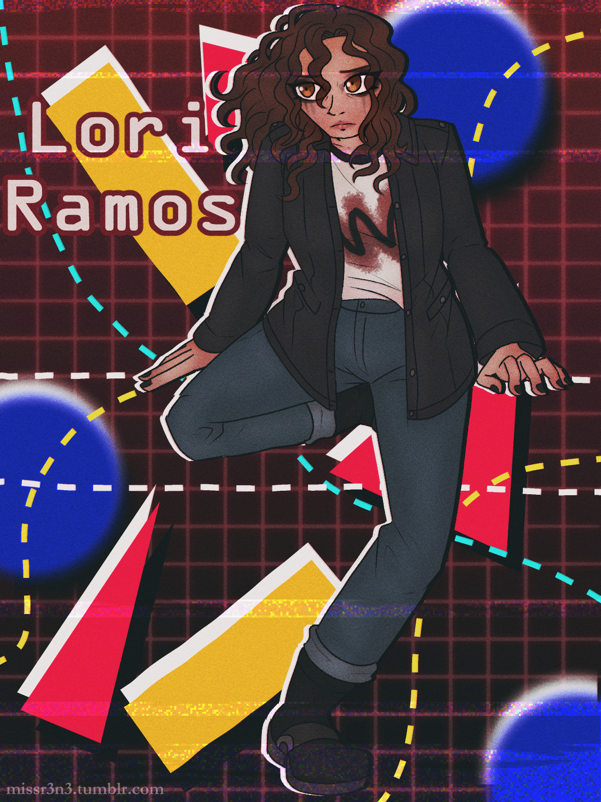a goth woman with curly brown hair and tear stained eyes sits in front of a background filled with 80s styled blocky shapes and lines. VHS static is visible on the top and bottom of the image. text beside the woman reads 'Lori Ramos'