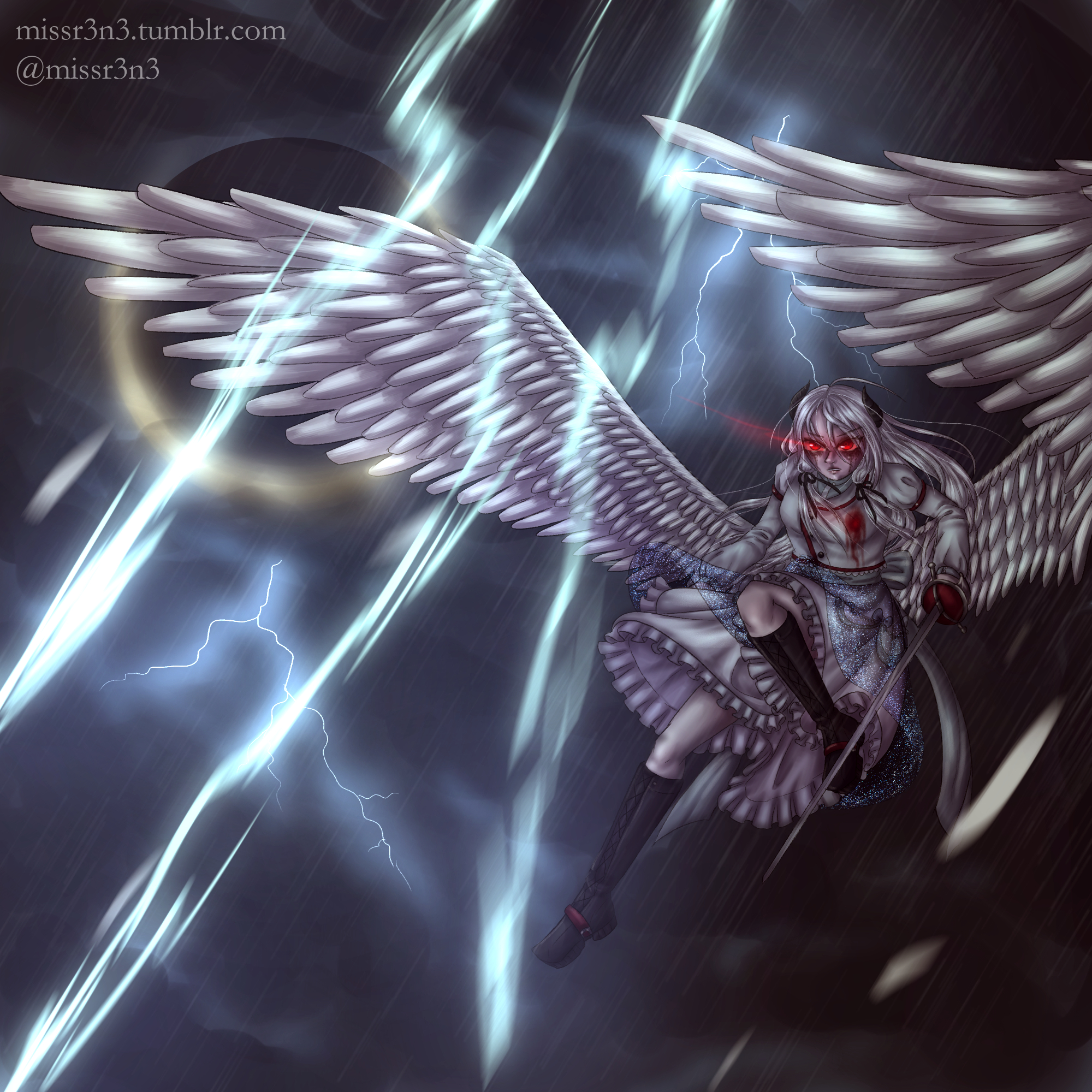 an anime girl with white hair, wings, and glowing red eyes dodges bolts of lightning in a thunderstorm