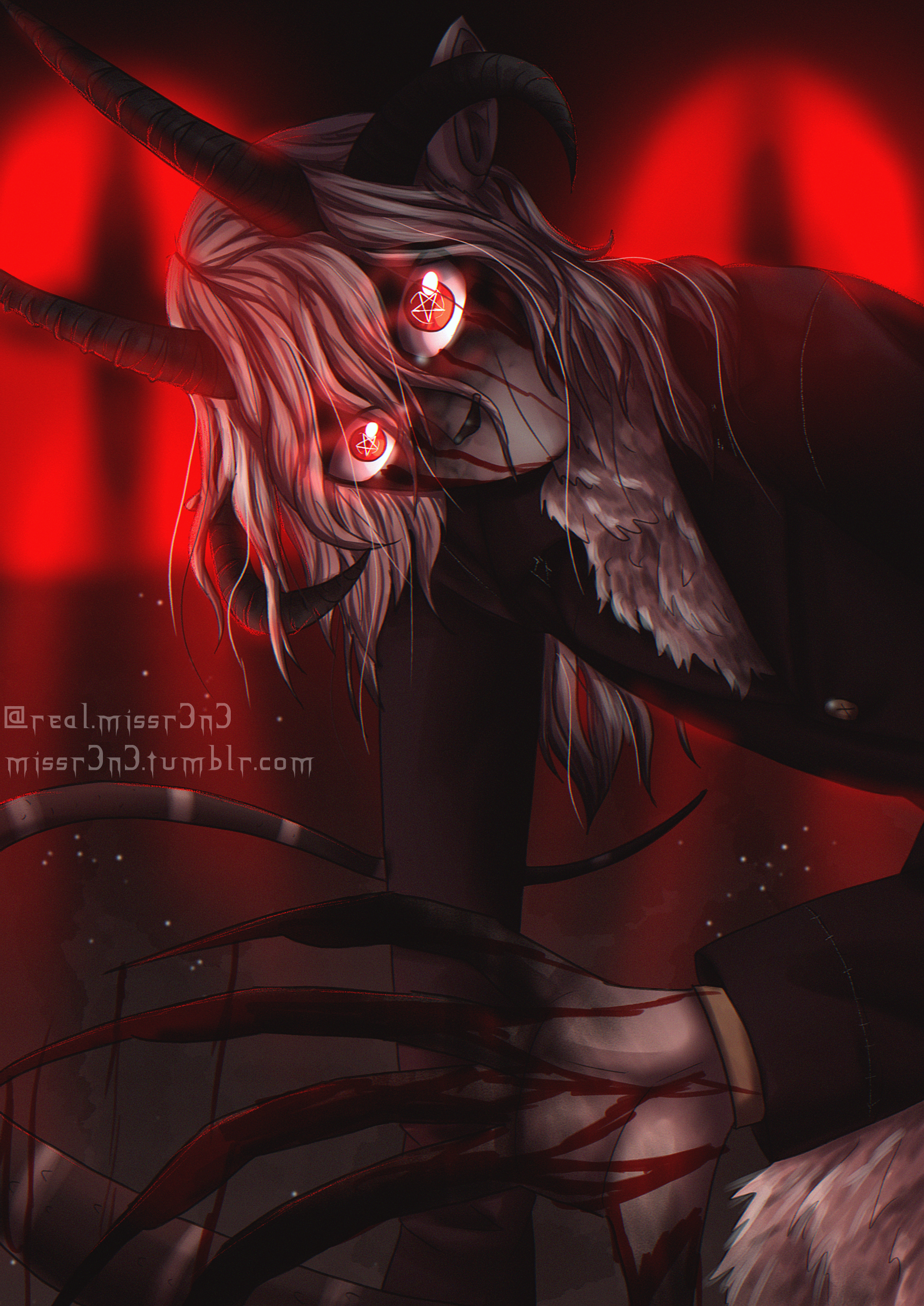 luce looks through a church window, his long claws touching the glass as he hunches over. his face and claws are stained with blood. red light glows through the windows behind him