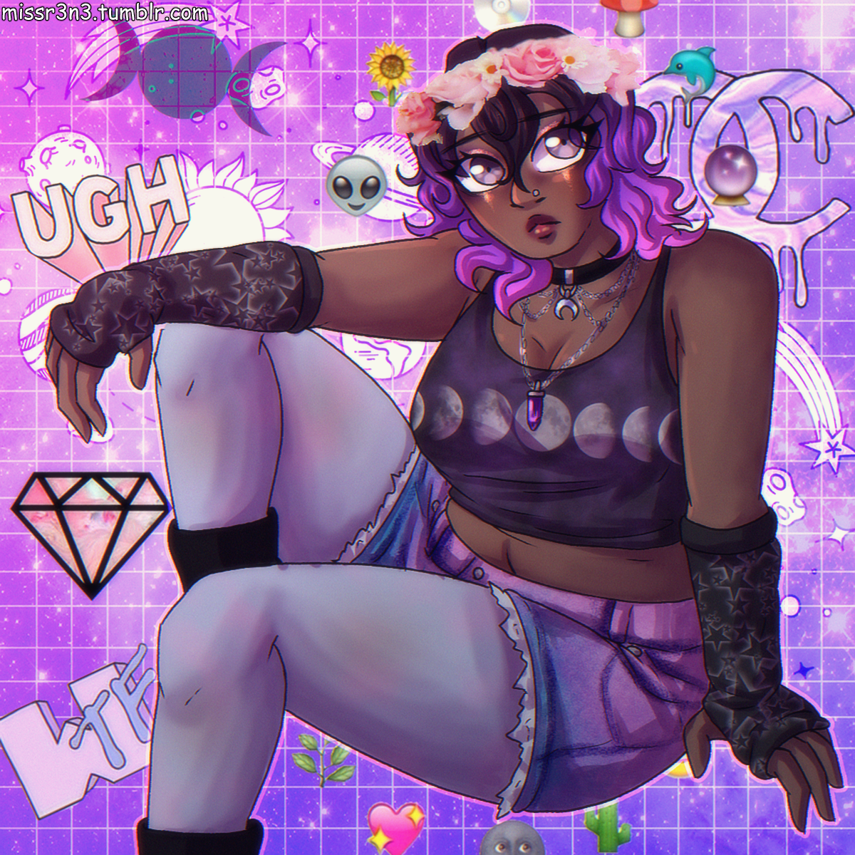 illustration of cassandra styled after 2014 pastel tumblr edits. she's dressed in a pastel goth style with a realistic flower crown. several 2014 era subversive kawaii stickers are collaged behind her