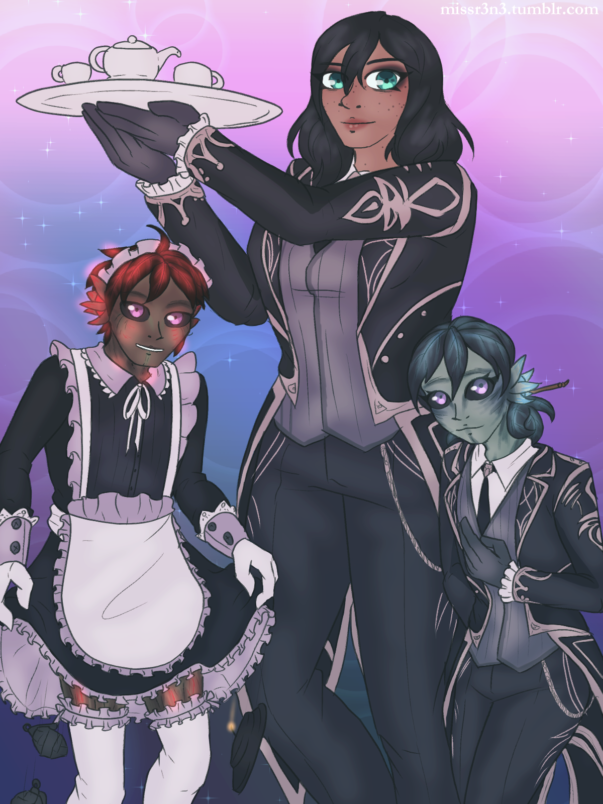 willow and hazel wear their butler outfits, while hazel is in a maid dress. hazel is doing a curtsy, causing grenades and a landmine to fall out of his skirt