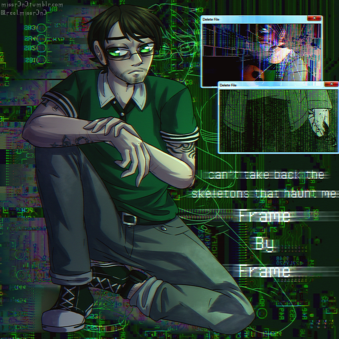 illustration of elijah with a black and green cybercore aesthetic. he's dressed in a green polo shirt with gray jeans and black sneakers. new tattoos are visible on his right forearm, consisting of a pentagram, an eye, and an ouroboros snake. text on his right reads 'I can't take back the skeletons that haunt me frame by frame'