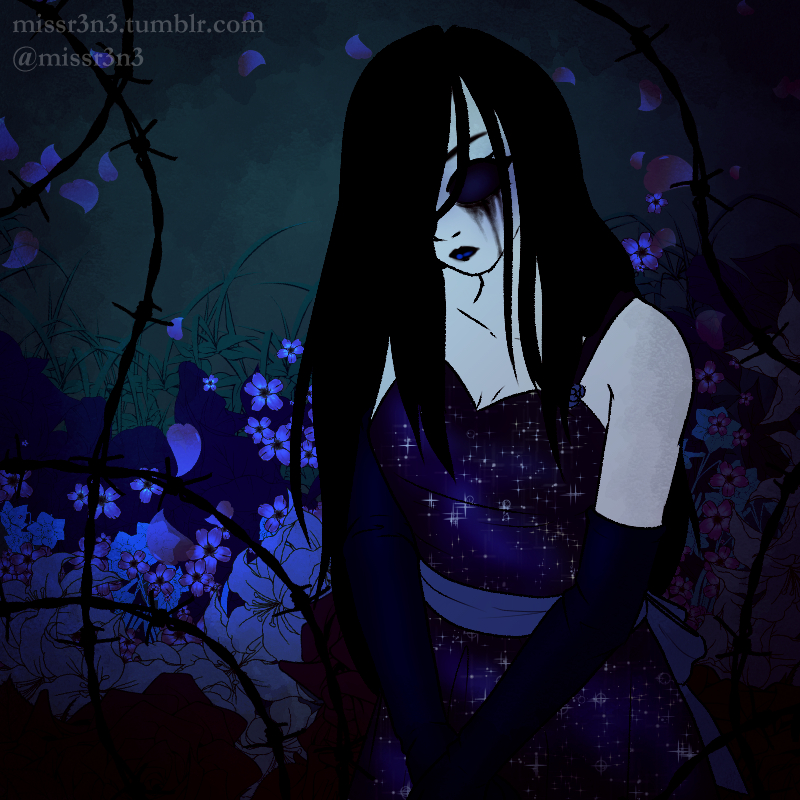 a ghostly pale woman with long, black hair in an evening dress that shows the galaxy