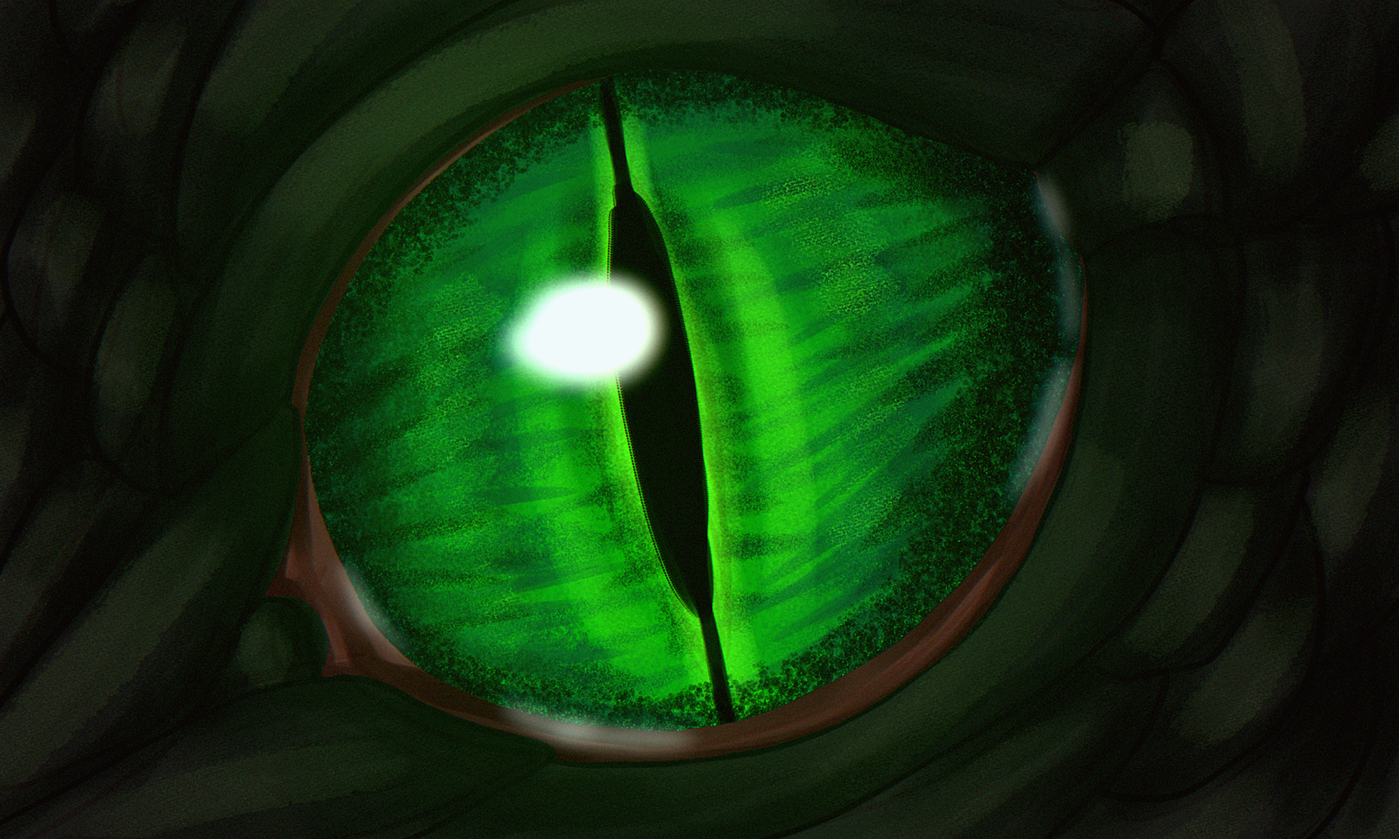 a large, green, snake-like eye surrounded by dark green scales