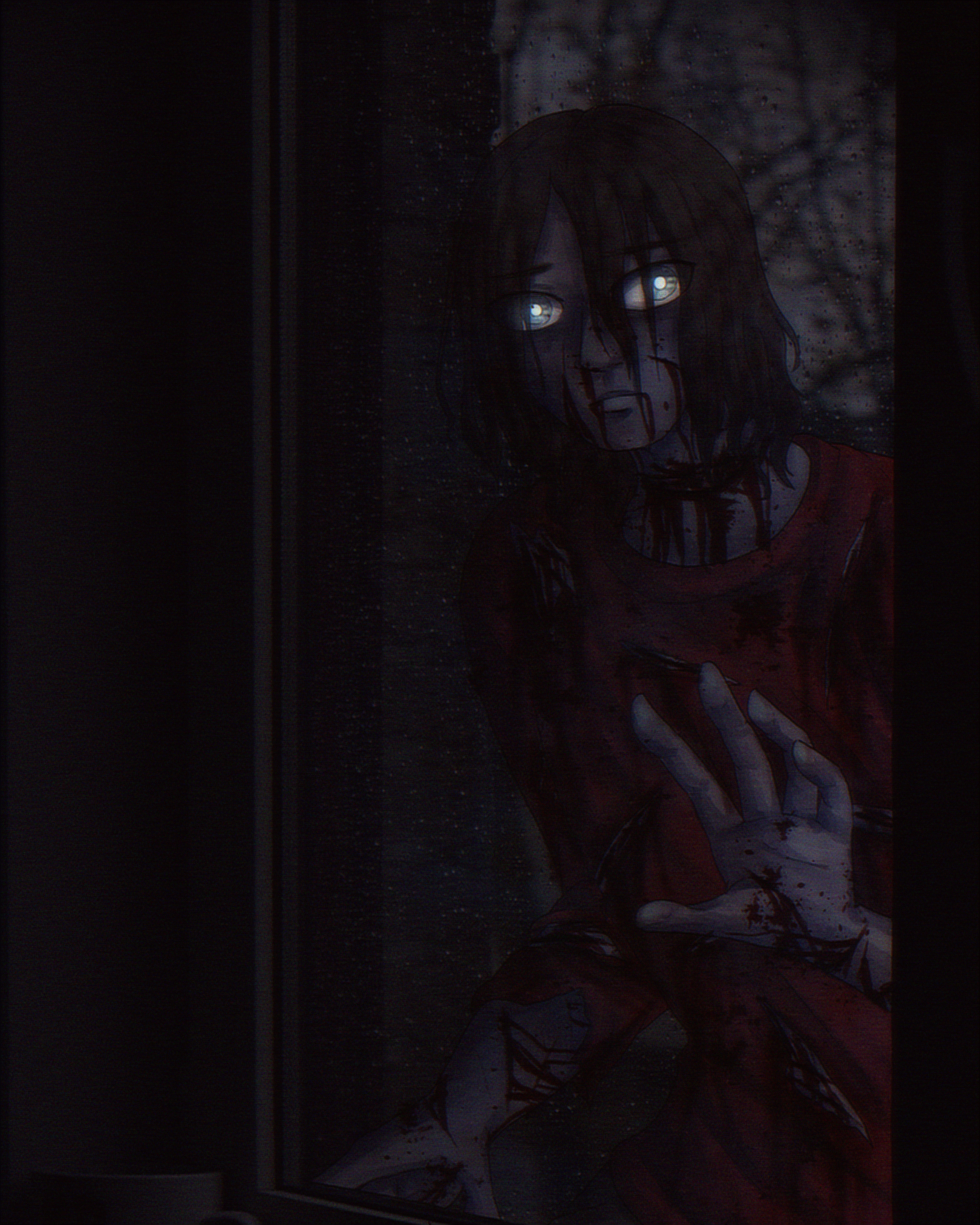 realistic illustration of ghost liu, a bloodied young man with blue-gray, glowing eyes, looking through a rainy window