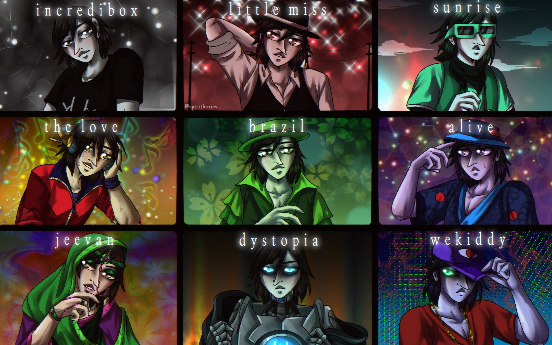 a wallpaper divided into 9 portraits featuring a polo from each of the versions. lead is in the first smiling. tvutvutvu is in the second scratching his neck. charlie is in the third looking away from a sunrise. the version of toun used in the first 'the love' bonus is DJing enthusiastically. coloko is in the fifth portrait. snare is in the sixth pushing up his bucket hat. jeevan is in the seventh looking flirtatiously to the side. astra is in the 8th taking his cloak off. boo 9 is in the ninth tipping his cap down