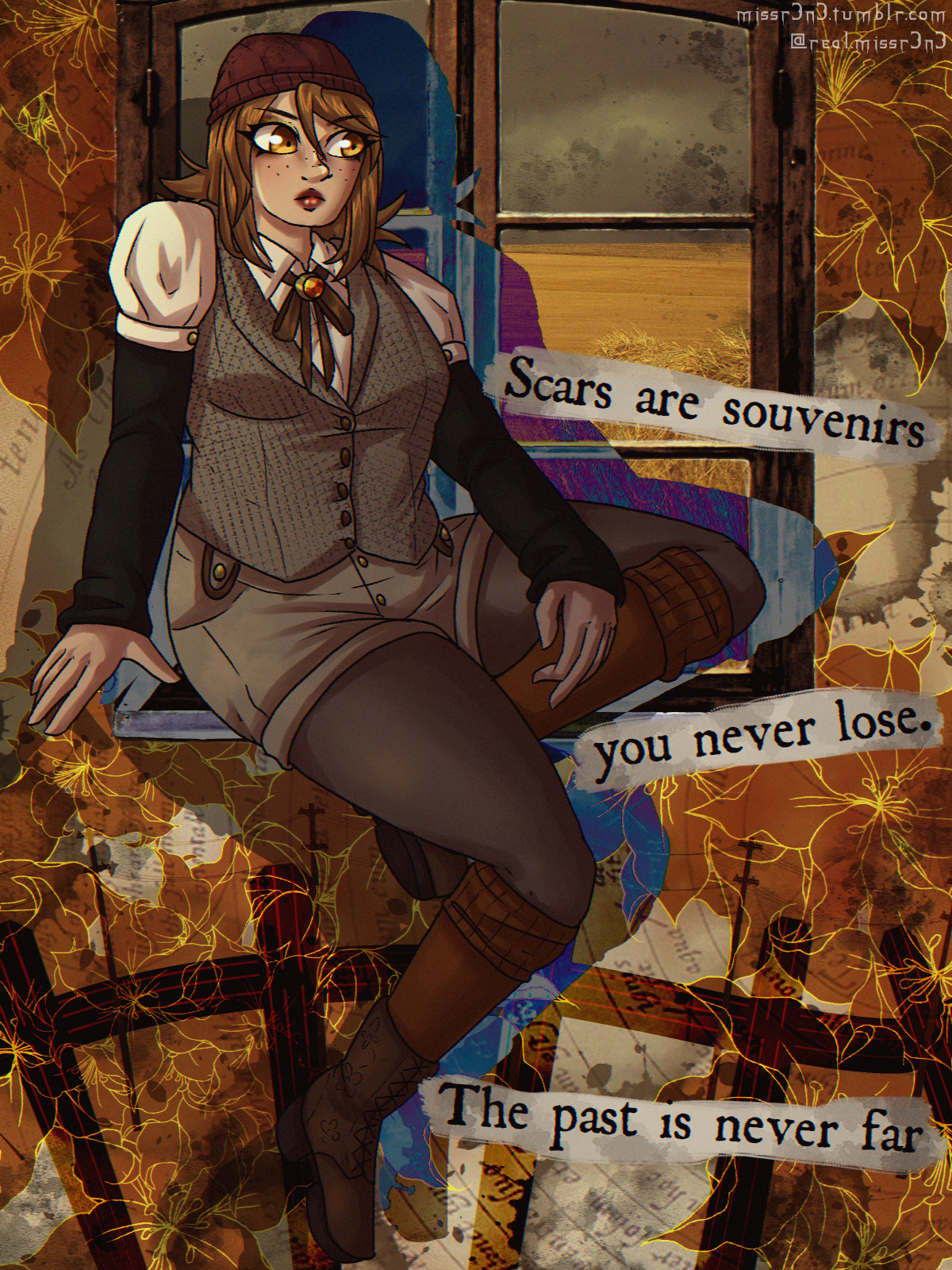 illustrartion of leah with a vintage, scrapebook aesthetic. she's dressed in a feminine, newsboy style outfit. she's sitting on a window open to a wheat field. text on her right reads 'Scars are souvenirs you never lose. The past is never far'