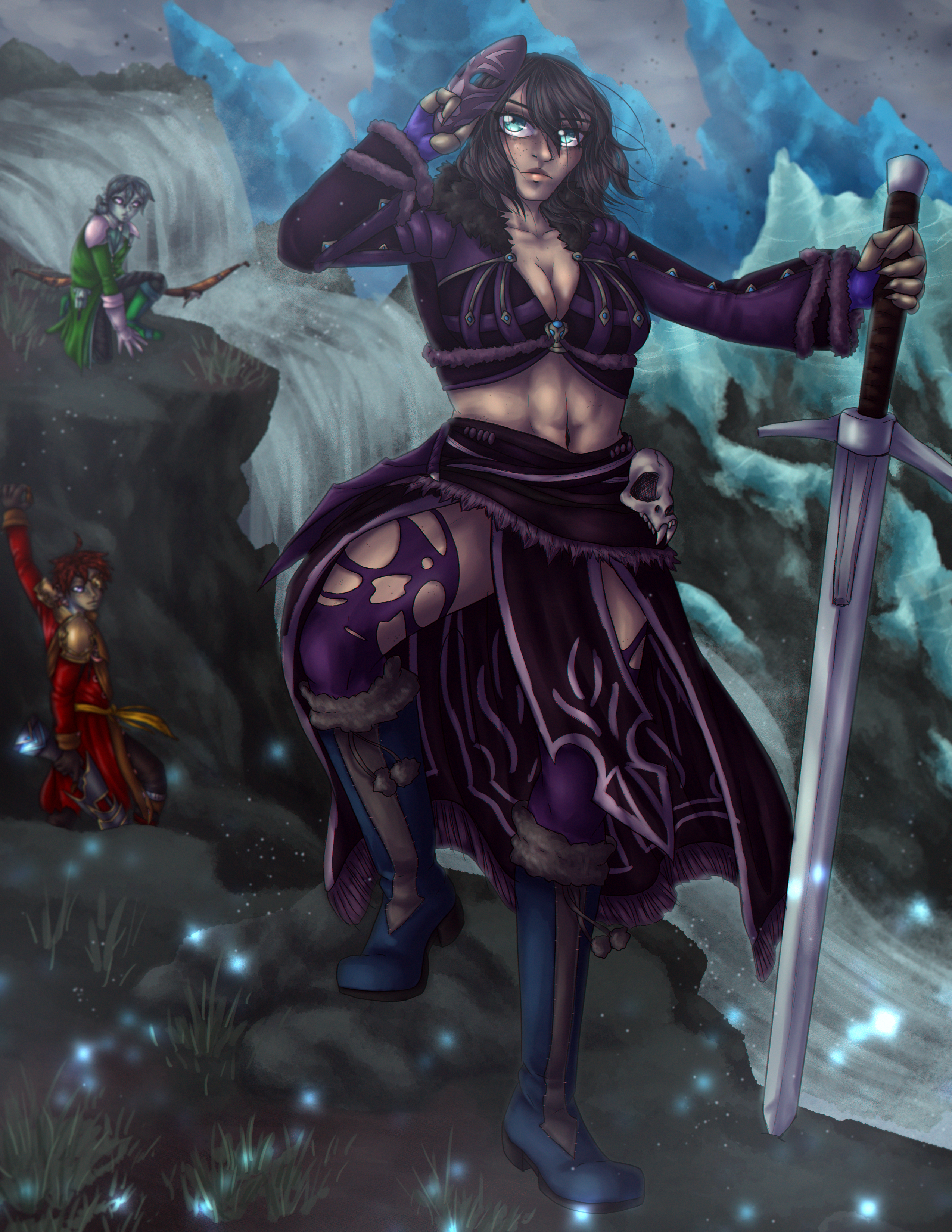 laila stands over an icy cliff next to a waterfall, holding her snow leopard mask to the side. obscured in the background are hazel and willow. laila holds her greatsword beside her, with its tip lodged in the ground