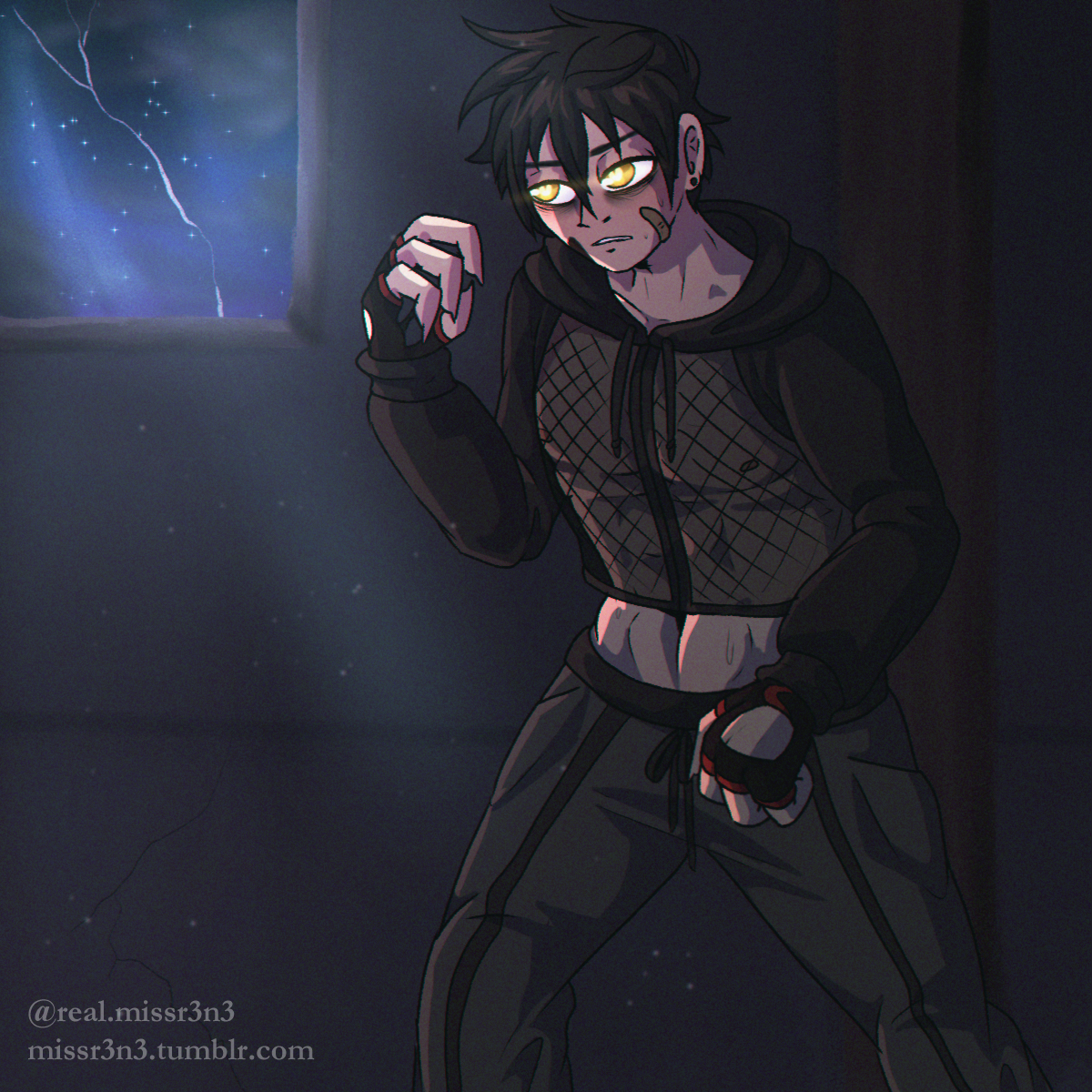 wes night from rad mad venture wearing a mesh crop top and sweatpants while training late at night