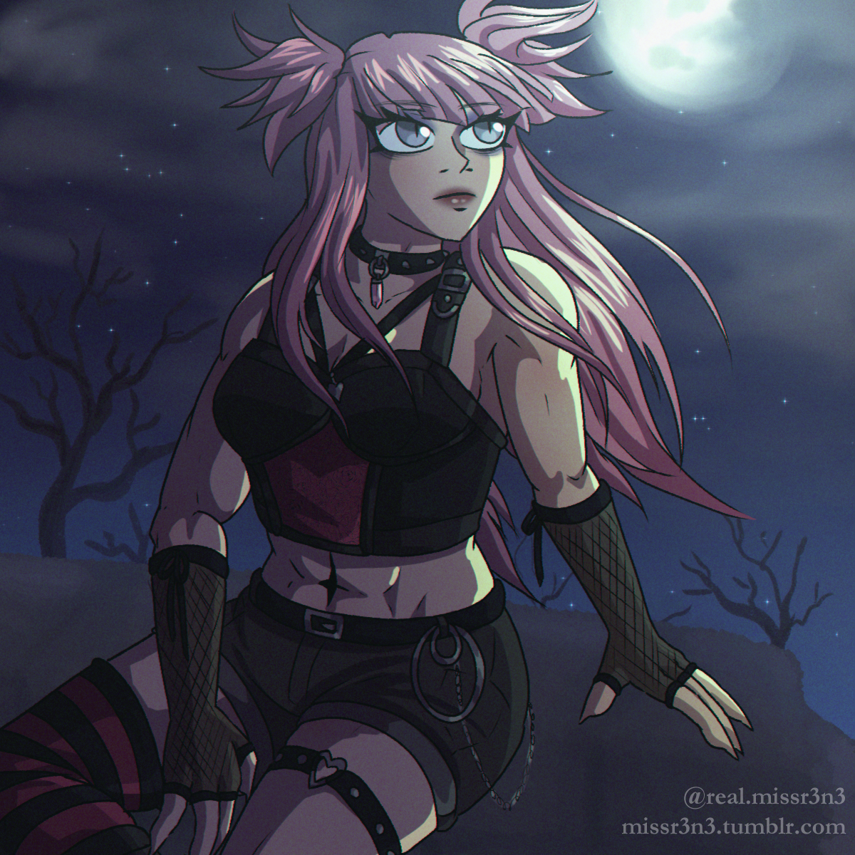 rose from rad mad venture wearing modern goth clothes while sitting on some ruins. she faces the full moon as the wind blows through her hair