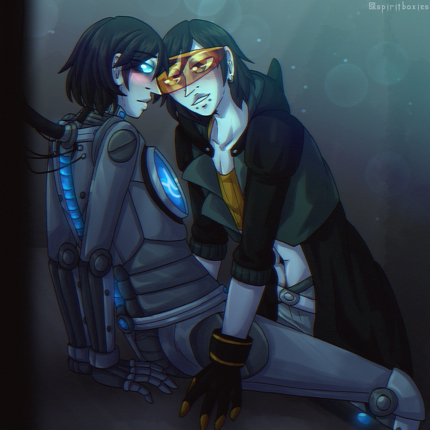 astra sitting on follow's workbench, while follow leans over him with a flirtatious expression. there is one thick cable and four smaller cords plugged into astra's back