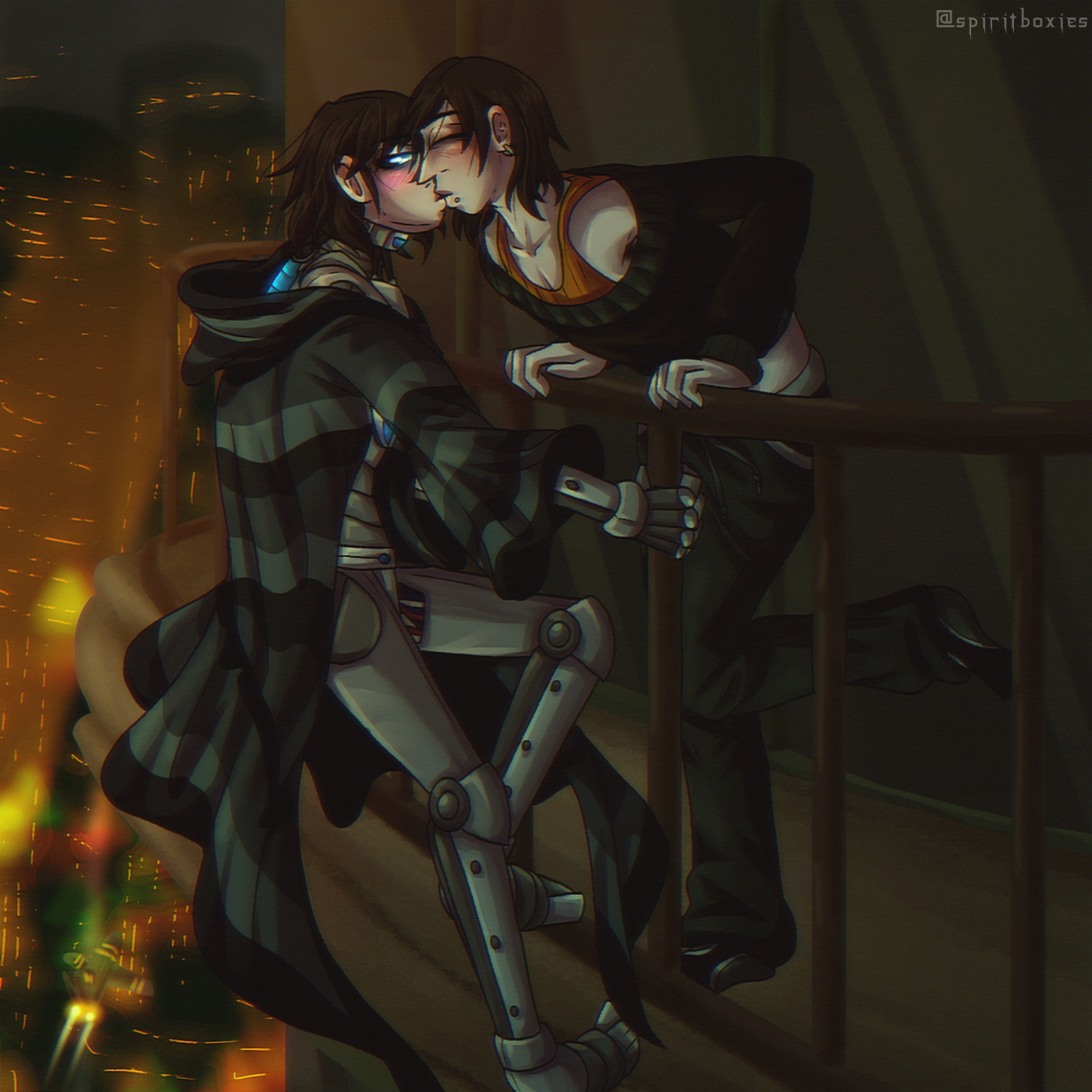 astra climbs up the balcony outside of follow's penthouse, with follow outside greeting him. the two are kissing. follows eyes are closed, while astra's eyes are slightly cracked open