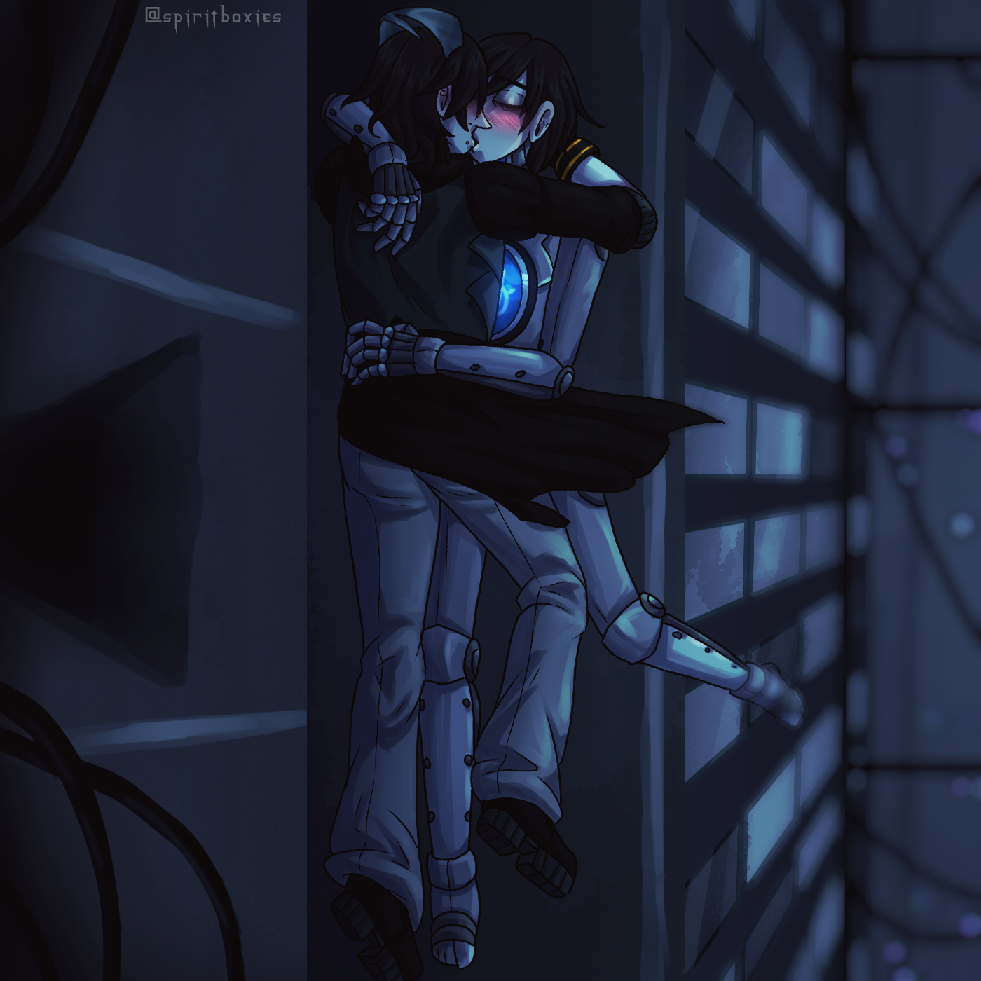 astra and follow make out on top of one of the dystopian building roofs. all the lights are out and the cumulor technology isn't active