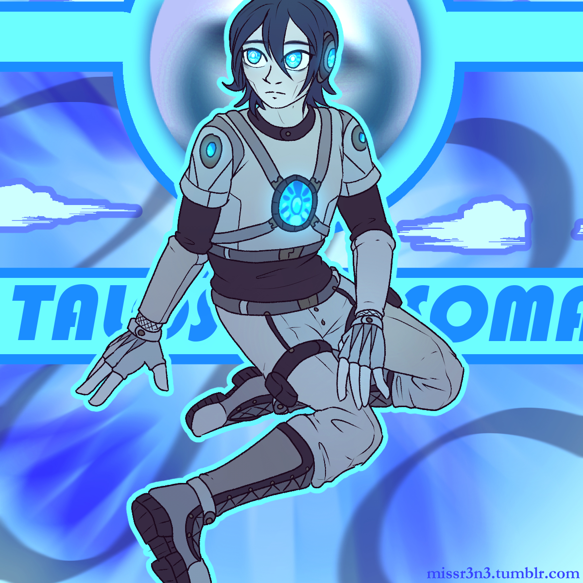y2k anime style fanart of the robot from the talos principle 1, dressed in a cyberpunk style black and white outfit. text on the left of the andriod reads 'Talos', while text on the right reads 'Soma'