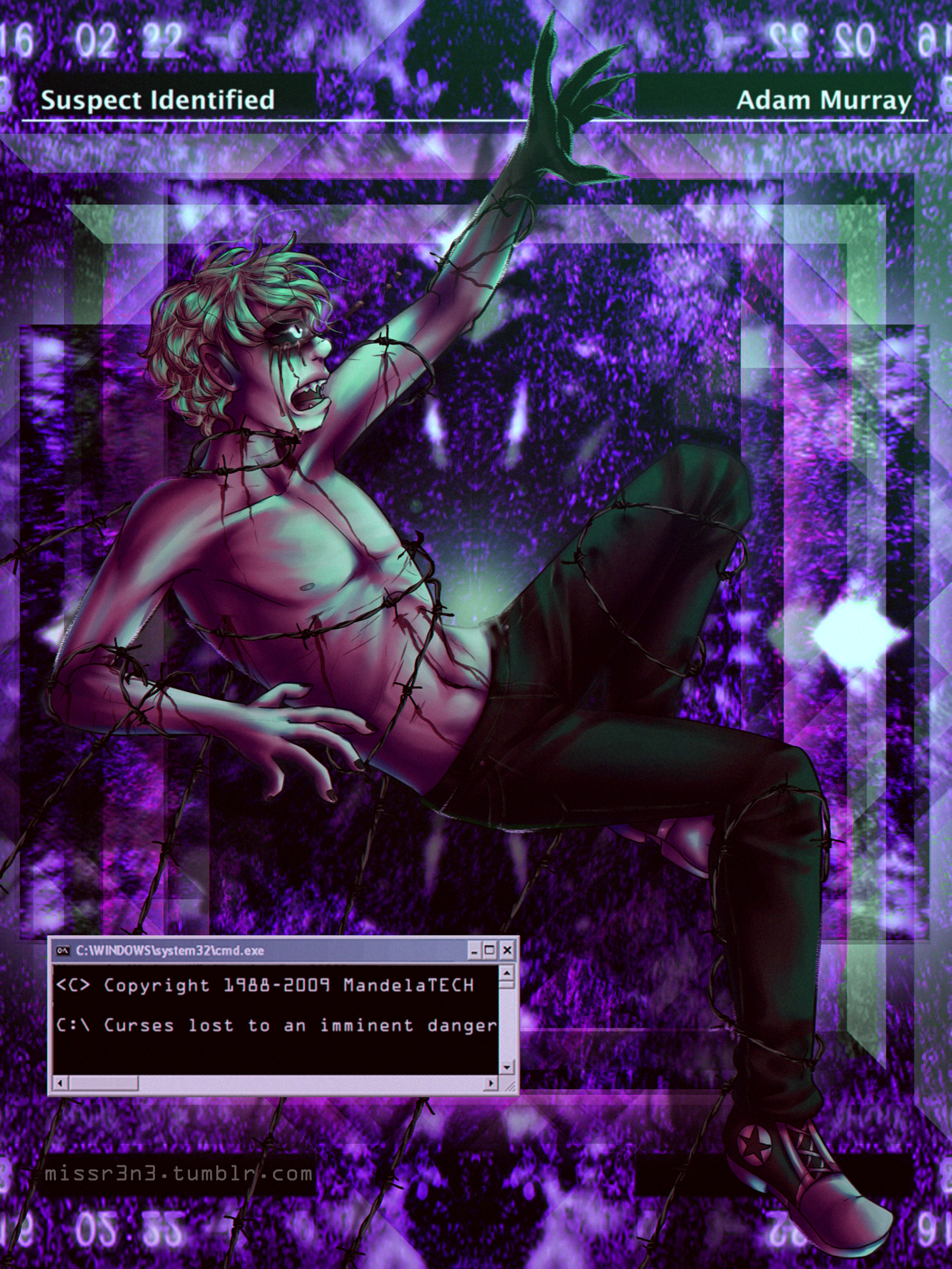 adam, as he appears in mandela catalyst, is dragged downward by barbed wire, leaving bleeding scratches all over his torso. The background is a heavily photoshopped, fractal-like version of the final jumpscare in mandela catalyst. Text above adam reads 'suspect identified: adam murray'. a windows 95 style pop-up is in the lower left corner of the image, and it reads 'Copyright Mandela Tech 1988-2009. Curses lost to an imminent danger.