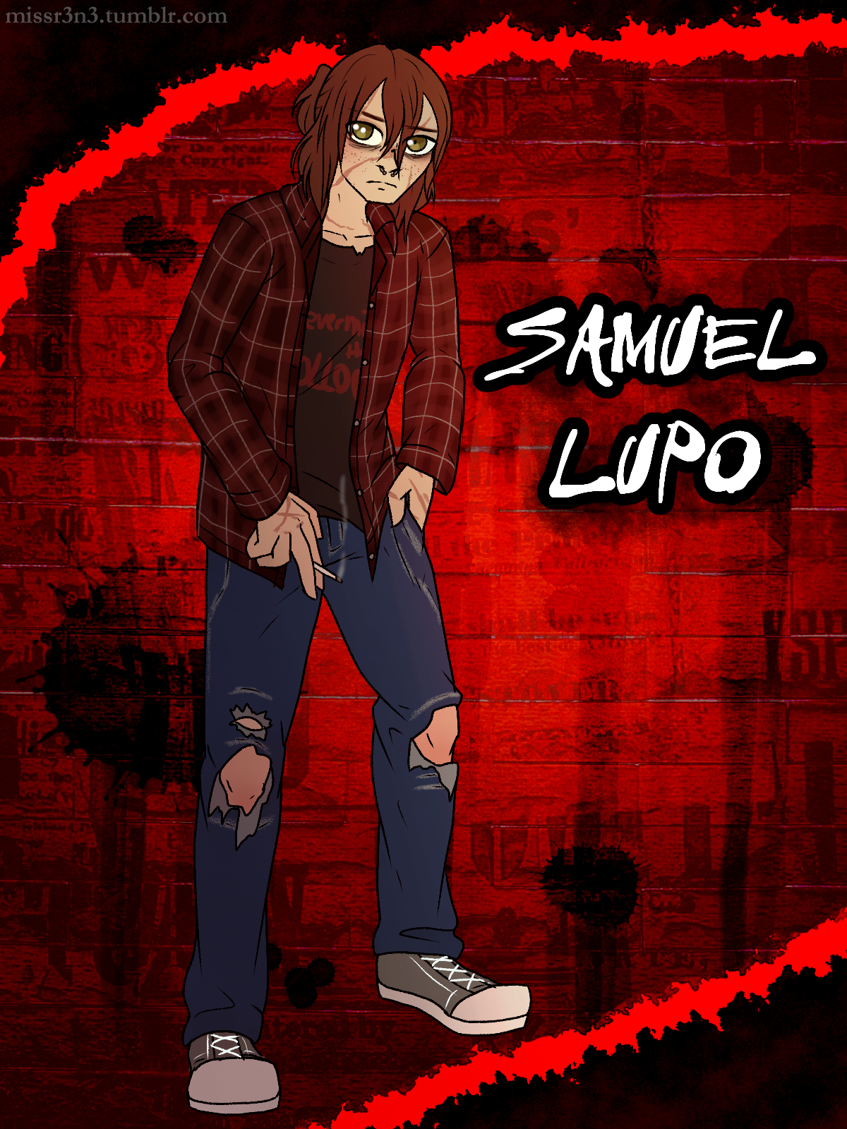 a punk boy with scars all over his face and hands smokes in front of a grungy, black and red background. text beside him reads 'Samuel Lupo'